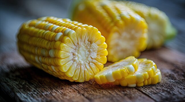 Close up of fresh corn on the cob against a textured wooden surface