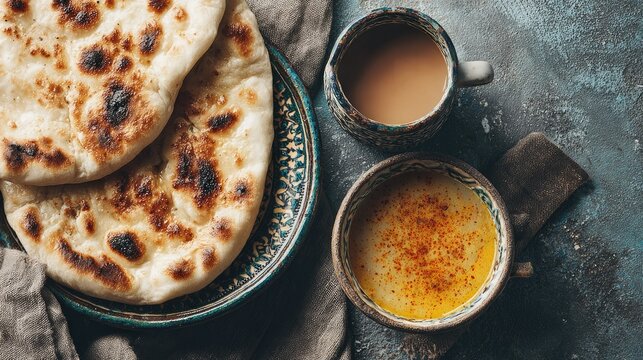 Close up of freshly baked flatbreads with tea on a rustic table setting