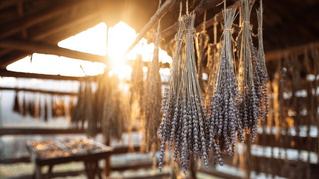 Sunlight shines on dried lavender hanging in a rustic barn at sunset