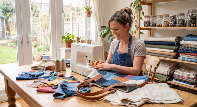 Woman sewing at wooden table surrounded by fabrics and sewing supplies
