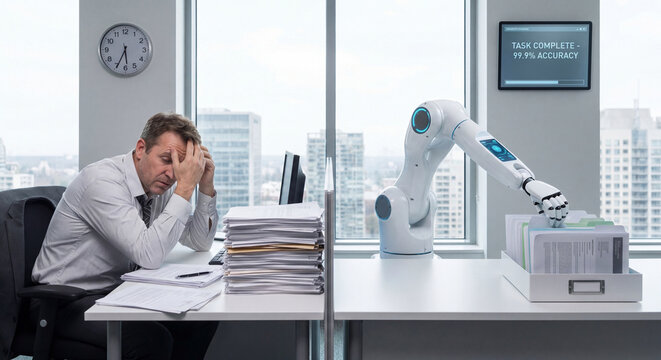 Man at desk overwhelmed while robotic arm sorts paperwork in modern office