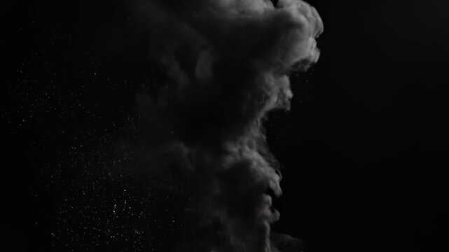 Mysterious dark billowing smoke formation with swirling patterns and particulate matter against a deep shadowy backdrop, suggesting an explosion or cosmic event, perfect for dramatic