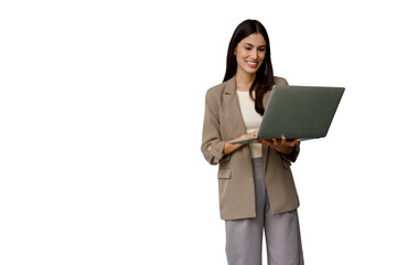 Fototapeta premium Business woman smiling, typing on laptop, networking, working remotely, using innovative technology, transparent background