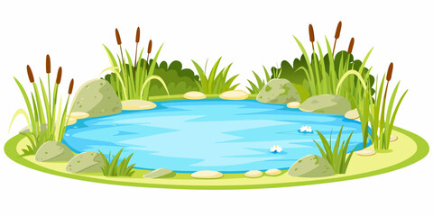 Cartoon pond with blue water and green vegetation © Nirob