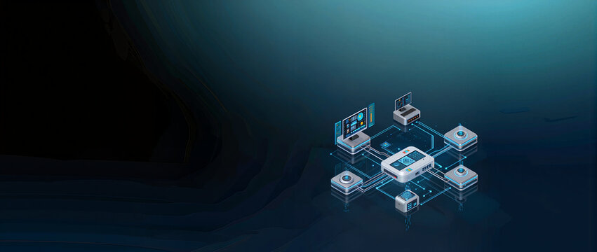 Digital network with interconnected devices, showcasing technology and automation