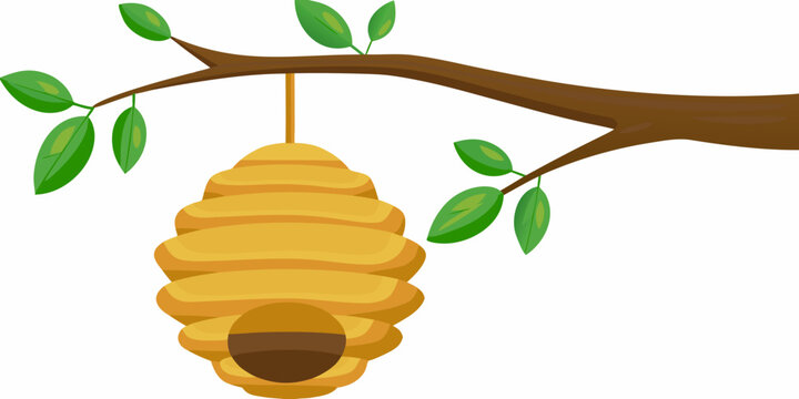 Cartoon beehive hanging from a branch vector illustration