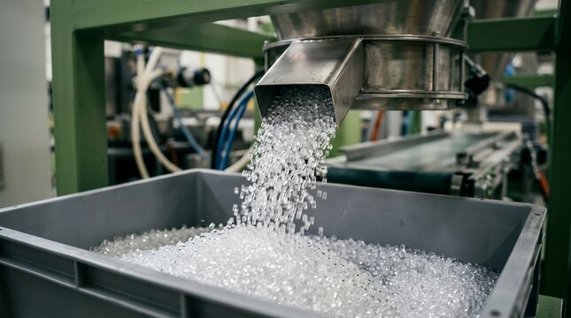 Industrial machine pouring white plastic pellets into collection tray in factory setting