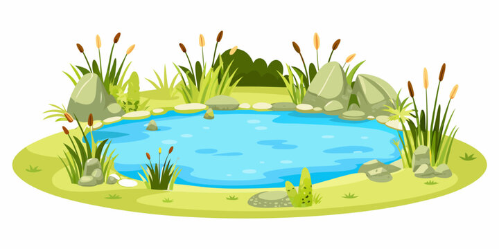 Cartoon pond with blue water and green vegetation