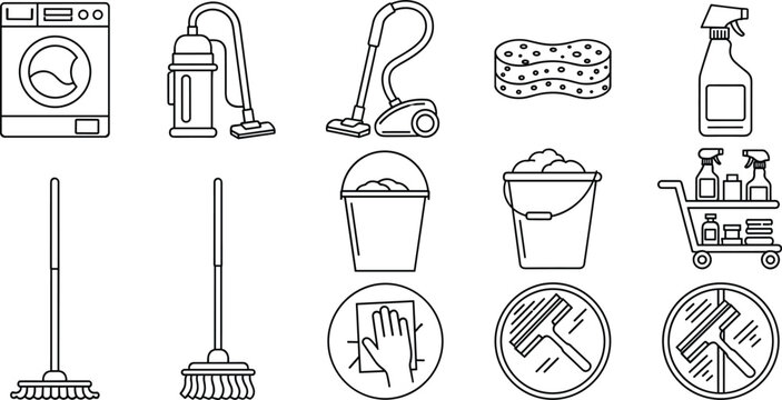 Cleaning and household service icon set with vacuum mop broom washing machine and hygiene tools vector