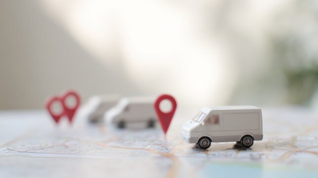 Model vans and location markers on a map for logistics planning in business