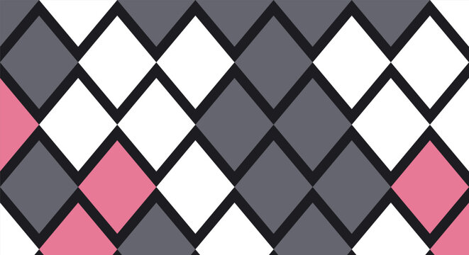 Diamonds arranged in a repeating argyle pattern with alternating white, grey, and soft pink colors provide a classic decorative surface suitable for fashion textiles and modern graphic layouts.
