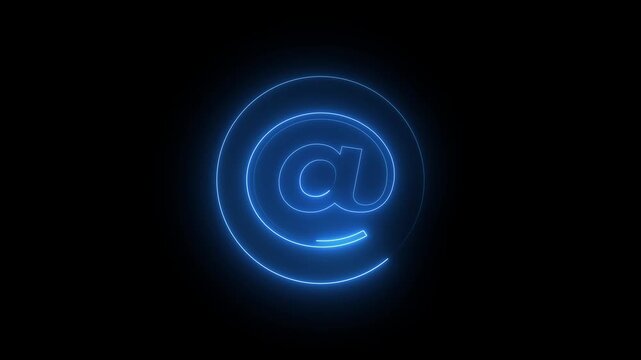 Glowing neon 'At" symbol 3D icon spinning. Alpha channel. Seamless looping with black background.