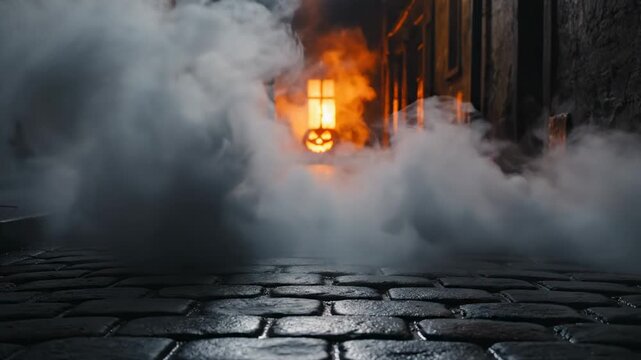 Eerie glowing jack-o'-lantern peeking through thick, swirling mist on a dimly lit cobblestone street, evoking a spooky and mysterious Halloween night atmosphere with a hint of fiery illumination