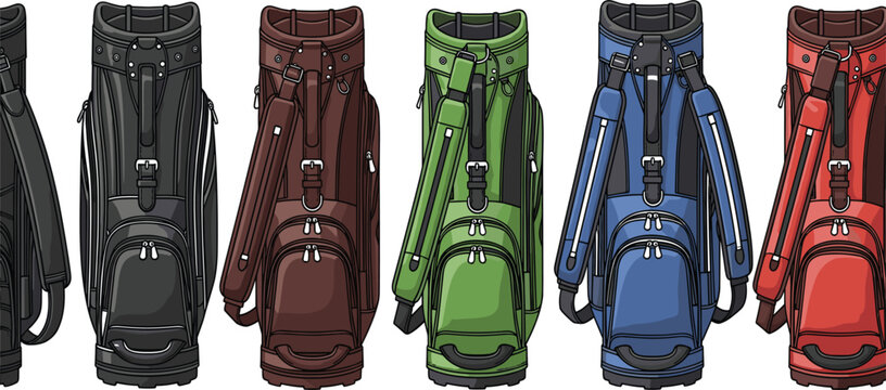 Golf bag vector set with colorful standing bags detailed compartments and realistic sports equipment design