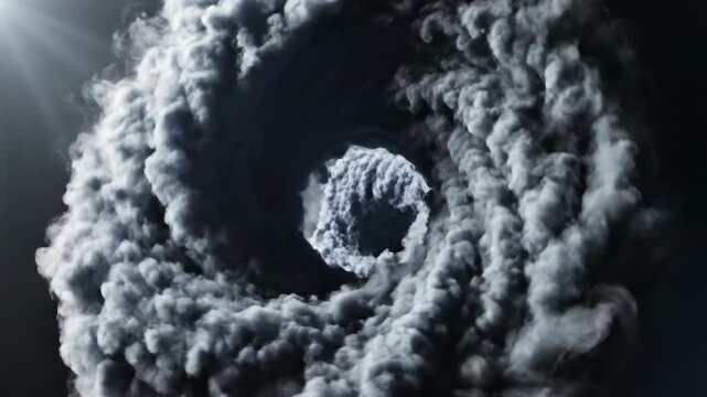 A powerful swirling vortex of dark, dramatic storm clouds forms an ominous cyclonic eye, resembling a devastating hurricane seen from above, with intense atmospheric turbulence suggesting