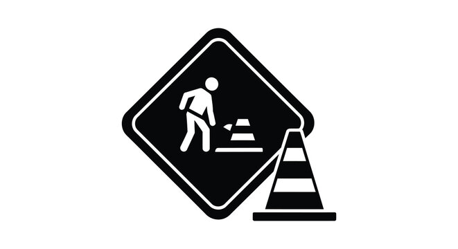 Road work ahead warning sign with worker and traffic cone silhouette high quality professional detailed modern