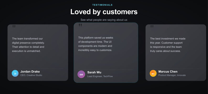 Customer testimonials on black background