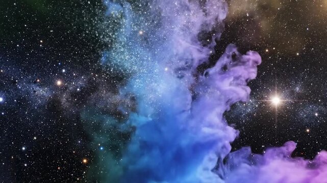 Cosmic nebula blooms with vibrant hues of blue, purple, and pink, swirling amidst a star-filled expanse, evoking wonder and the vastness of celestial realms for astronomical and fantasy themes