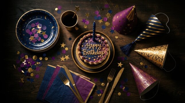 Festive birthday celebration setup with cake, party hats, and confetti on a wooden table