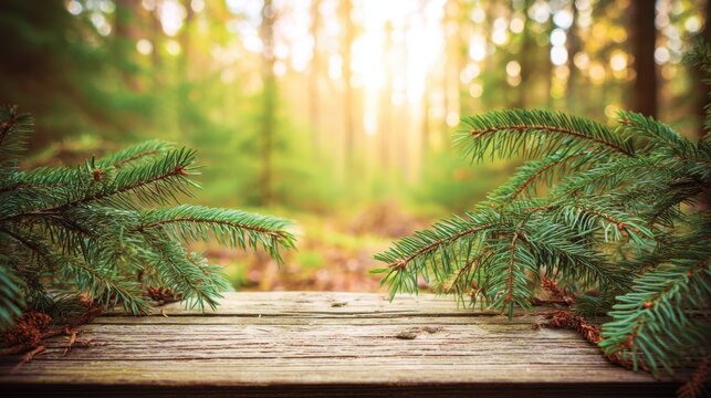Sunlight filtering through trees in a forest with green pine branches