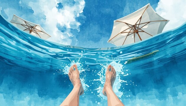 Stylized Watercolor Painting of Feet Splashing in Turquoise Pool Water with Umbrellas and Blue Sky