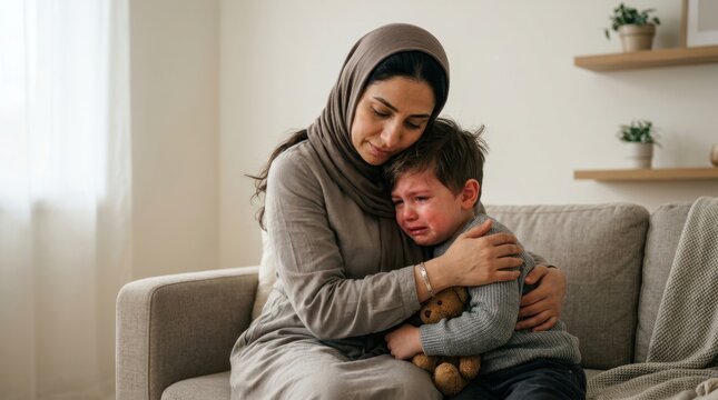 Mother comforting her crying child with a teddy bear on the sofa