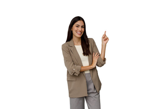 Professional business woman smiling and pointing finger up, indicating something or presenting an idea, on transparent background
