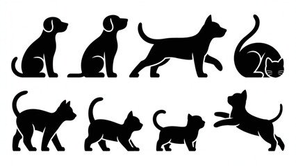 Cute Dogs and Cats Silhouette Icon Set  Domestic Pet Animal Black Shape Collection © BIJOYSHAHA