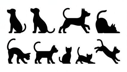 Cute Dogs and Cats Silhouette Icon Set Domestic Pet Animal Black Shape Collection © BIJOYSHAHA