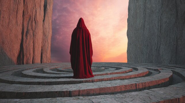 Person in a red cloak stands in a stone maze at sunset