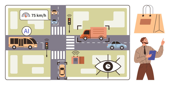 Smart cities, transportation, artificial intelligence, urban planning, road safety, smart monitoring. Illustration of AI-managed traffic with cars, trucks and sensors. Smart cities