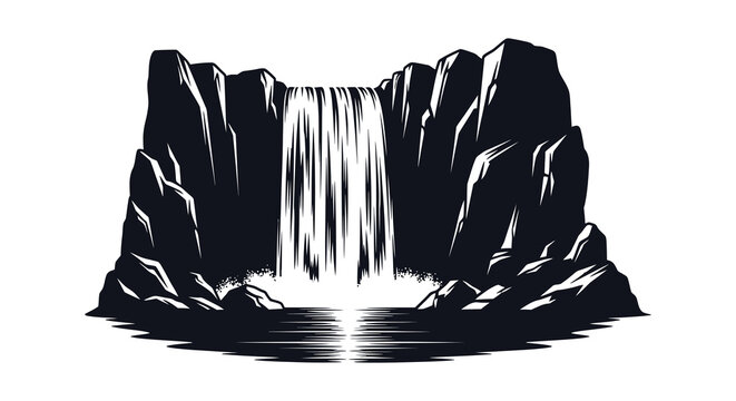 Waterfall landscape with rocky cliffs and pool black and white silhouette high quality professional detailed modern