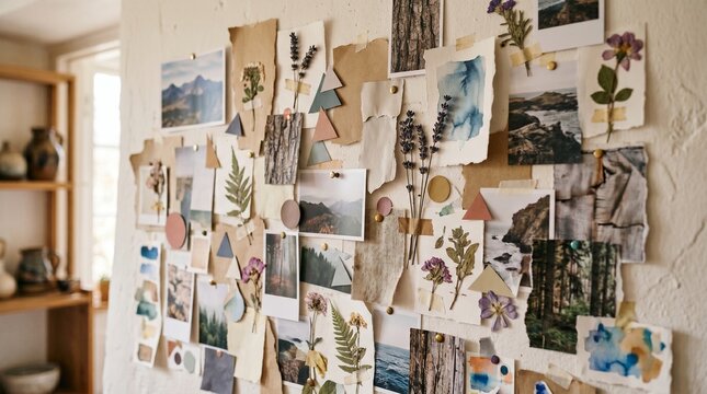 Extensive inspirational room moodboard with landscape photos and dry florals, in soft pastel and beige colors, creative planning workspace background