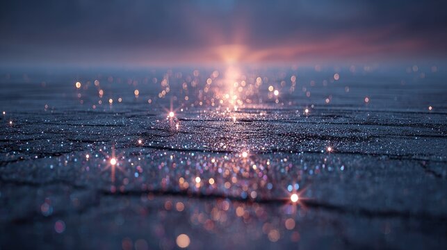Sparkling light reflections create a dazzling path across a dark, textured surface at twilight