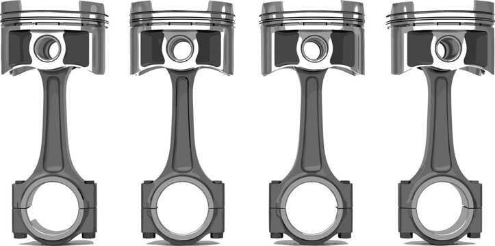 Realistic engine piston set with connecting rods 3D vector illustration for automotive engineering and mechanical service