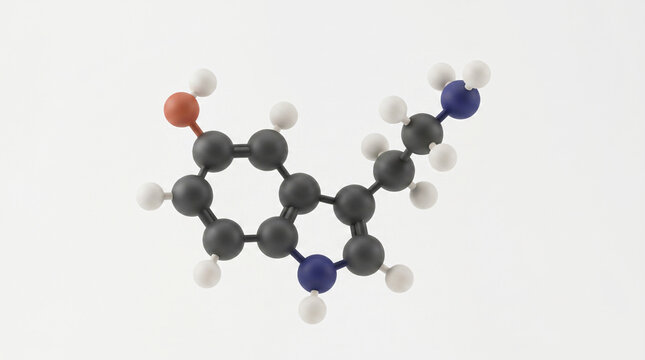 3D Model of Serotonin Neurotransmitter Molecular Structure 5-HT Molecule Representing Happiness, Mood Regulation, Mental Health, and Well-being, Scientific Chemical Formula for Biology, Pharmacology