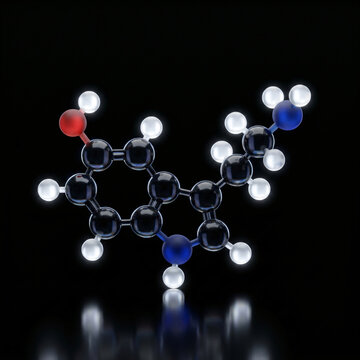 3D Molecular Structure of Serotonin or 5-HT Neurotransmitter Hormone for Happiness and Well-being, Highly Detailed Ball and Stick Chemical Model with Glowing Atoms Isolated on Black Background, Mood