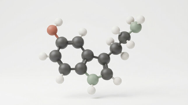 3D Ball and Stick Model of Serotonin Molecule Structure on White Background representing Neurotransmitter of Happiness, Well-being, Mood Regulation, Chemical Formula C10H12N2O, Medical Illustration