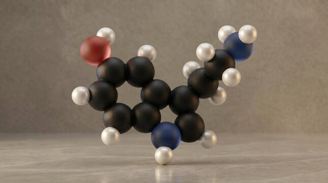 3D Render of Serotonin Molecule Chemical Structure, Neurotransmitter, Happiness Hormone for Mood Regulation and Mental Health, Molecular Ball Model for Science, Biochemistry, Research, Atoms, Organic