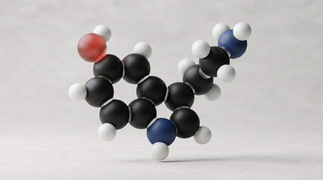 3D Molecular Model of Serotonin Neurotransmitter Chemical Structure on a Clean Background for Science Education Medical Research Happiness Mood Regulation Biology Chemistry and Pharmaceutical Concepts