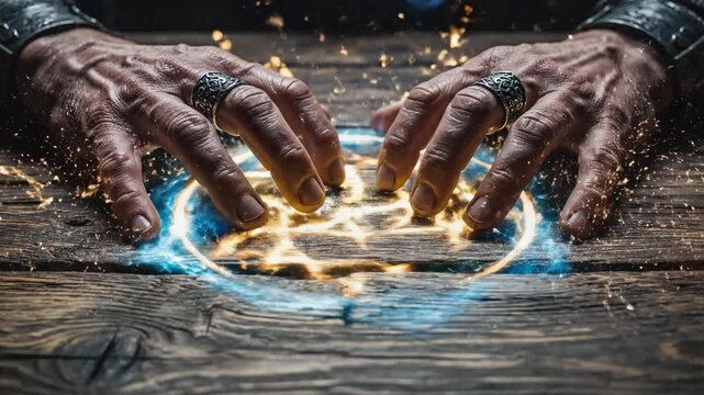 Ancient sorcerer's weathered hands conjure glowing arcane energy over a rustic wooden surface, conjuring visible magical power emanating with sparks and swirling auras of mystic force, visually