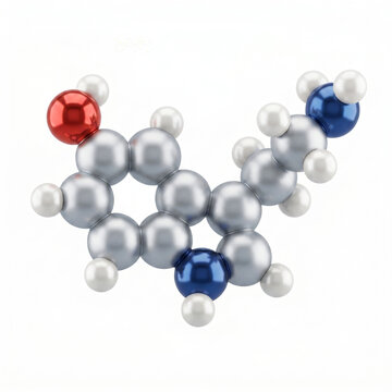 3D Illustration of Serotonin Molecule Structure, The Human Neurotransmitter for Happiness, Mood Regulation and Sleep, Chemical Molecular Model Formula C10H12N2O, Medical Science Research Education