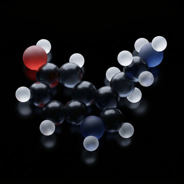 3D Render of Serotonin Molecule Structure on Black Background, Representing Happiness, Well-being, and Mental Health. Neurotransmitter Hormone Chemical Formula for Mood Regulation and Science Research