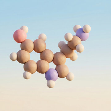 High Quality 3D Rendered Serotonin Molecule Model Representing Happiness and Mental Health Wellness. This Complex Molecular Structure of the Neurotransmitter Serotonin is Perfect for Science Graphics.