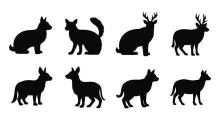 Fototapeta premium Collection of deer fox and dog silhouettes on a white background silhouette high quality professional detailed