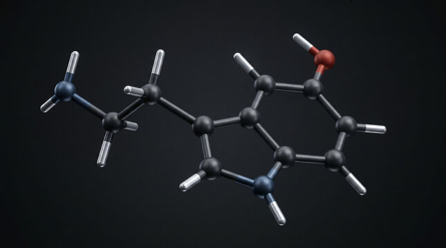 3D Scientific Illustration of Serotonin Molecule Structure, Serotonin Neurotransmitter Chemical Formula for Happiness and Mood Regulation, 5-Hydroxytryptamine Molecular Model on Dark Background, Atoms