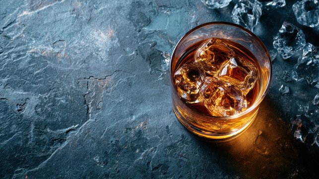 Amber whiskey with ice cubes in a glass on a dark slate surface