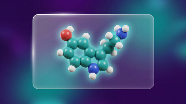 Serotonin Molecule 3D Rendering, Scientific Representation of the Happiness Hormone Neurotransmitter Structure, Mental Health, 5-HT Chemical Formula Model, Molecular Simulation Study, Wellness, Atoms