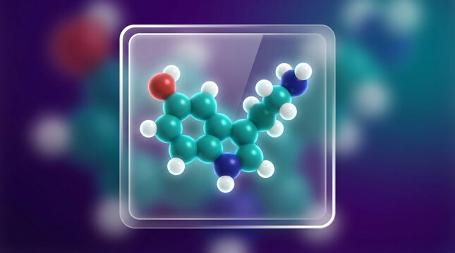 3D Render of Serotonin Molecule Structure, Chemical 5-HT Neurotransmitter Model, Science, Biology, Mental Health Research, Happiness Hormone Molecular Graphic Illustration in Glossy Frame, Education