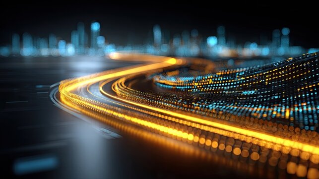 Bright light trails streak across a dark futuristic cityscape background